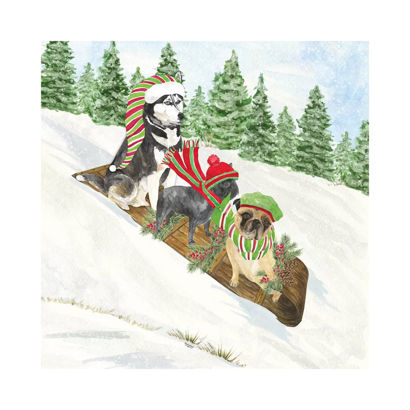 Dog Days Of Christmas III - Sledding by Tara Reed - Wrapped Canvas Painting, 93.98 cm H x 93.98 cm W x 1.91 cm D