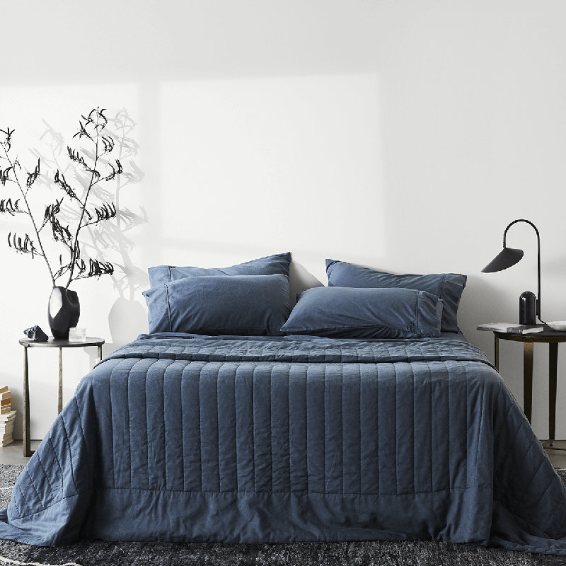 Linen Coverlet, Bleu, Couvre-lit pour grand lit