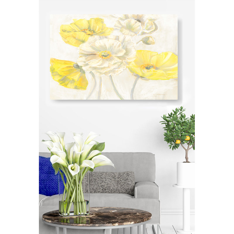 Fleur coquelicots sur crème, jaune, or, H 26 po x l 50 po x P 1,5 po