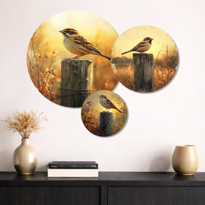 Morning Song Of The Sparrow Bird I - Ensemble de 3 décorations murales à motif de faune jaune
