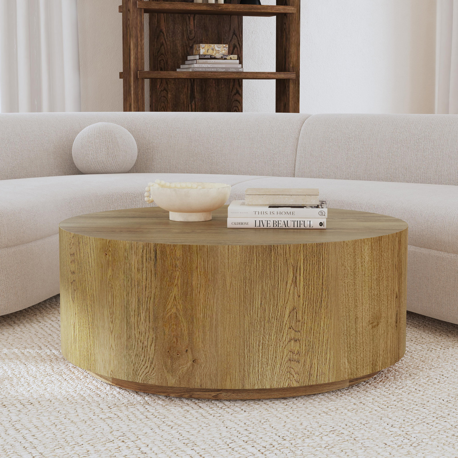 Taryn 42" Drum Coffee Table, Light Brown