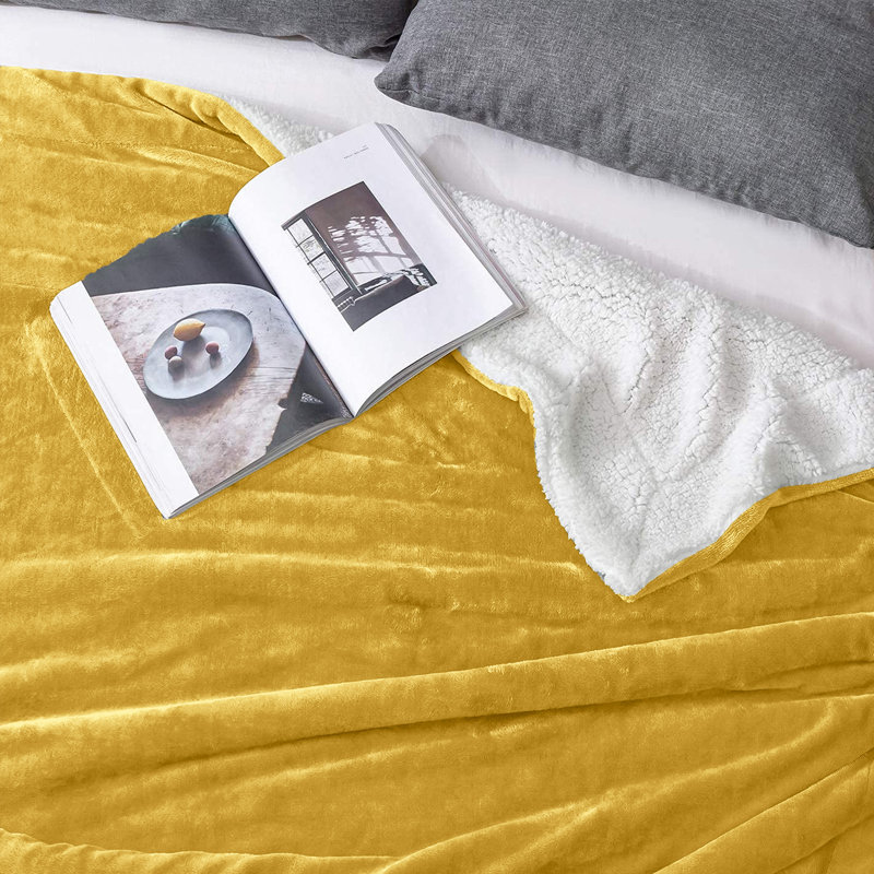 Sherpa Fleece Fur Thick Reversible Blanket Throw, Yellow, 150cm x 130cm