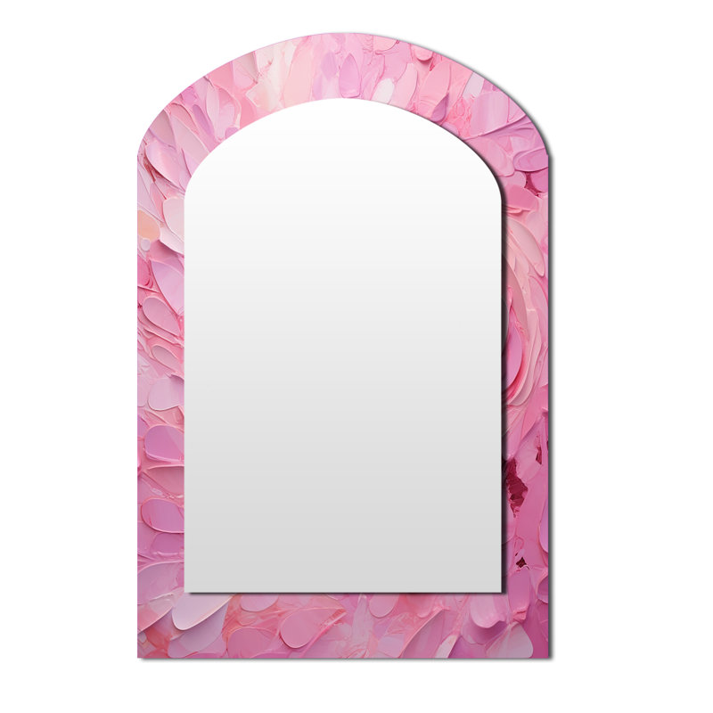 «Pink Radiant Revolution Spiral I», miroir asymétrique à spirales abstraites, miroir mural décoratif arche rose, impression sur métal