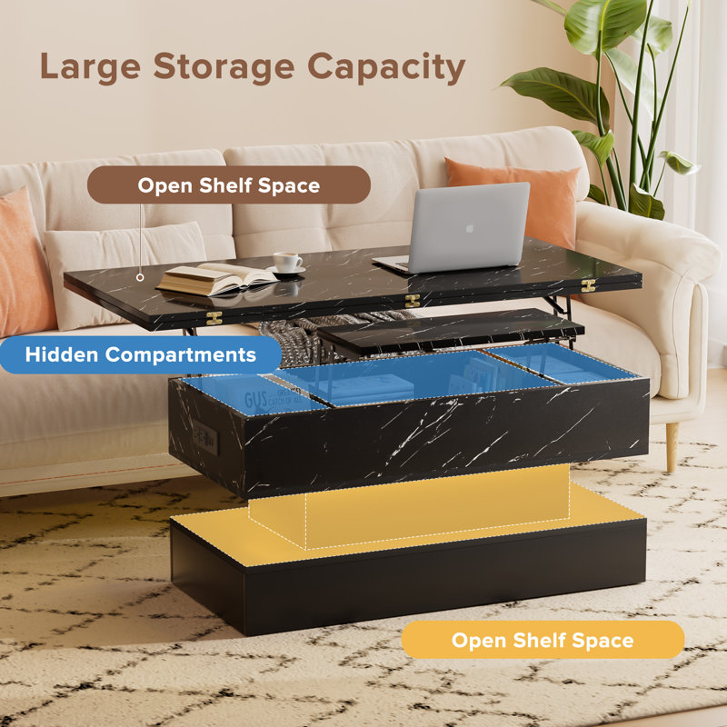 Lift‑Top Coffee Table with RGB LED & Charging Ports, Black