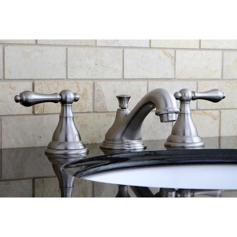 Kingston Brass Two-Handle 3-Hole Deck Mount Widespread Bathroom Faucet with Brass Pop-Up Drain, Brushed Nickel