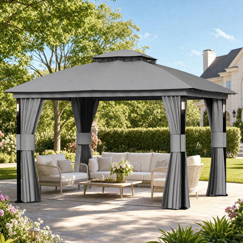Louvre Steel Double Roof Soft Top Gazebo With LED Lighting And Bluetooth Speaker,Netting And Pravicy Curtains, Grey
