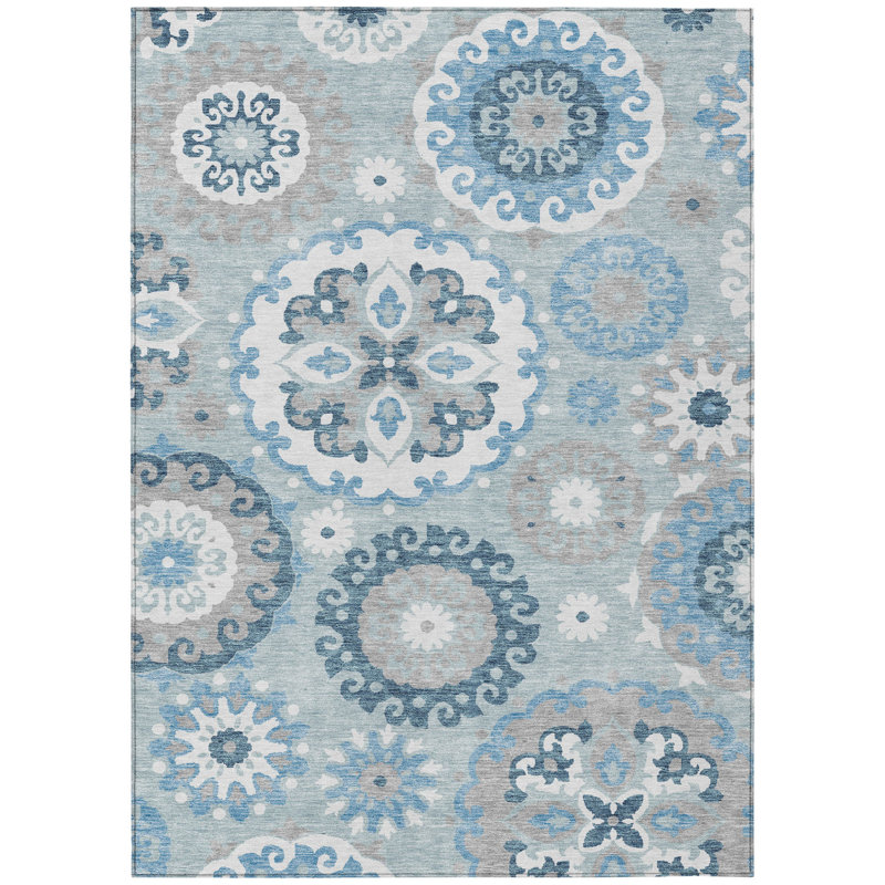 HomeRoots 3' X 5' Sky Blue And Denim Blue Floral Medallion Washable Indoor Outdoor Area Rug