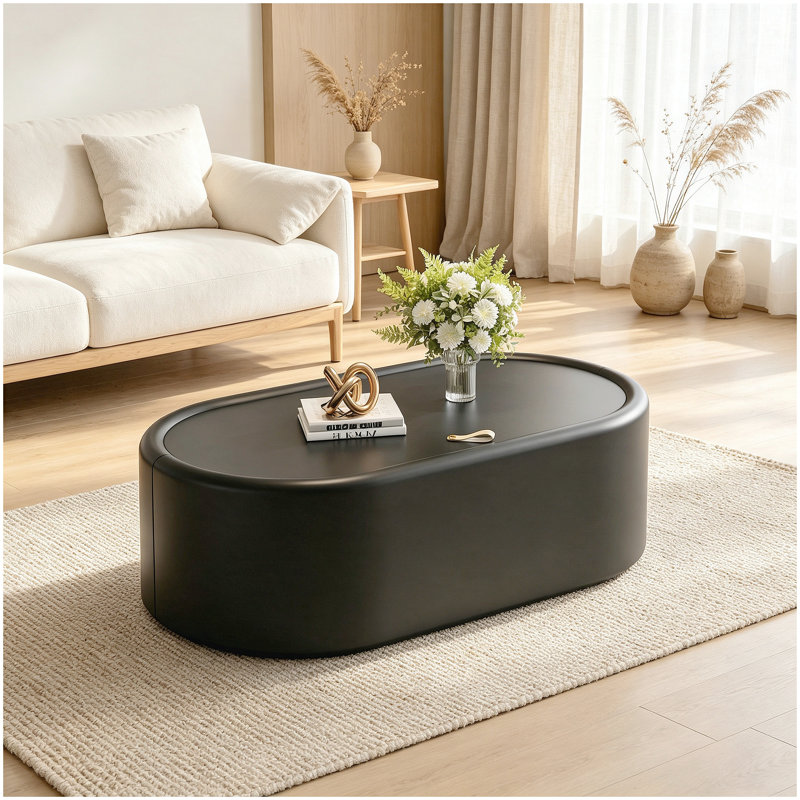 Table basse de rangement ovale cachée 33,46 po - Plateau en verre trempé certifié 3C et cuir noir de qualité supérieure, table basse de rangement moderne pour le salon