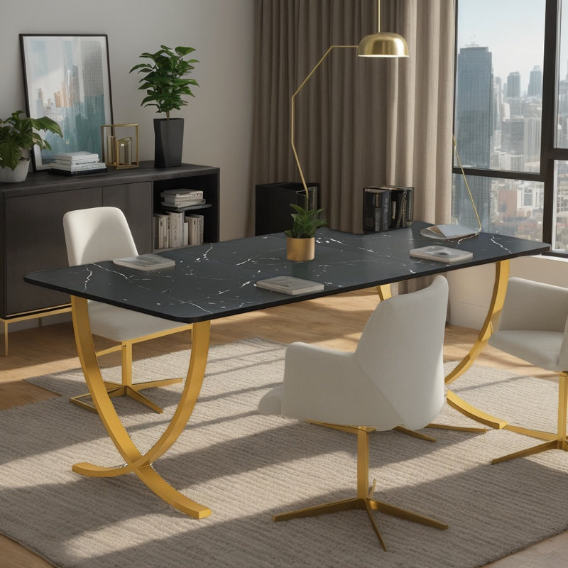 Bureau de direction de 160 cm, table de réunion avec cadre doré et imitation marbre