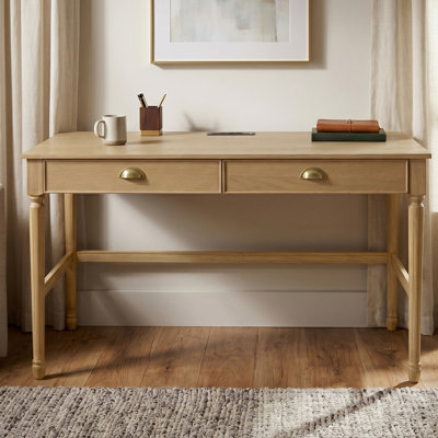 Blaire 60" Farmhouse Writing Desk with Drawers, Built-In Power Outlets and USB Ports, Wooden Home Office Desk for Bedroom, Study and Living Room