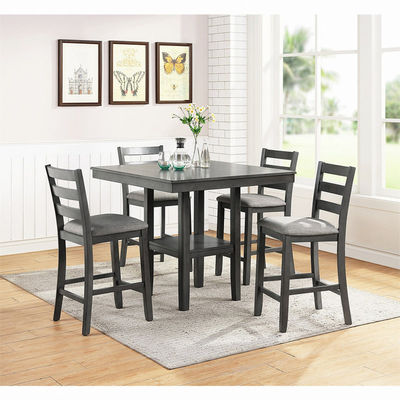 5 Piece Counter Height Dining Set, Gray, 5, 36" H x 32" W x 32" D