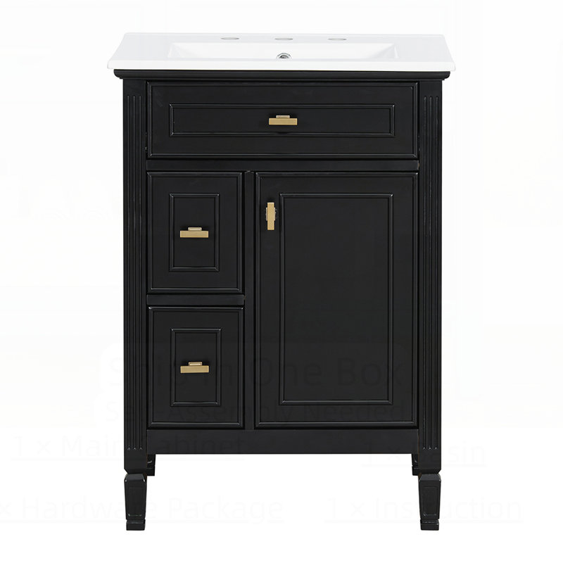 Meuble-lavabo de salle de bain avec lavabo, armoire en bois massif et panneau de fibres à densité moyenne, un tiroir rabattable, deux tiroirs standard et une tablette réglable, meuble-lavabo autoportant pour le rangement de la salle de bain