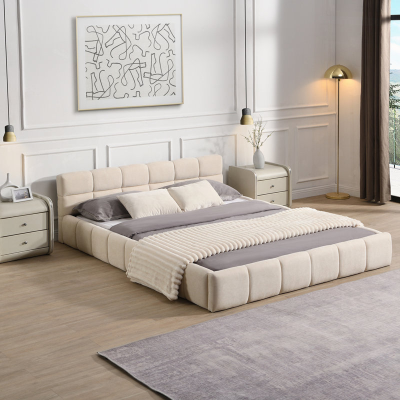 Grand lit tapissier élégant avec motif damier, Beige, Grand lit