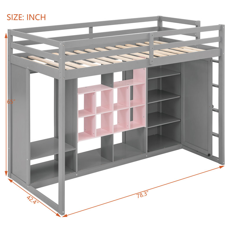 Wood Loft Bed with Built-in Wardrobe, Cabinet & Storage Shelves, Bed for Kids & Small Bedrooms, Pink/Gray, Twin
