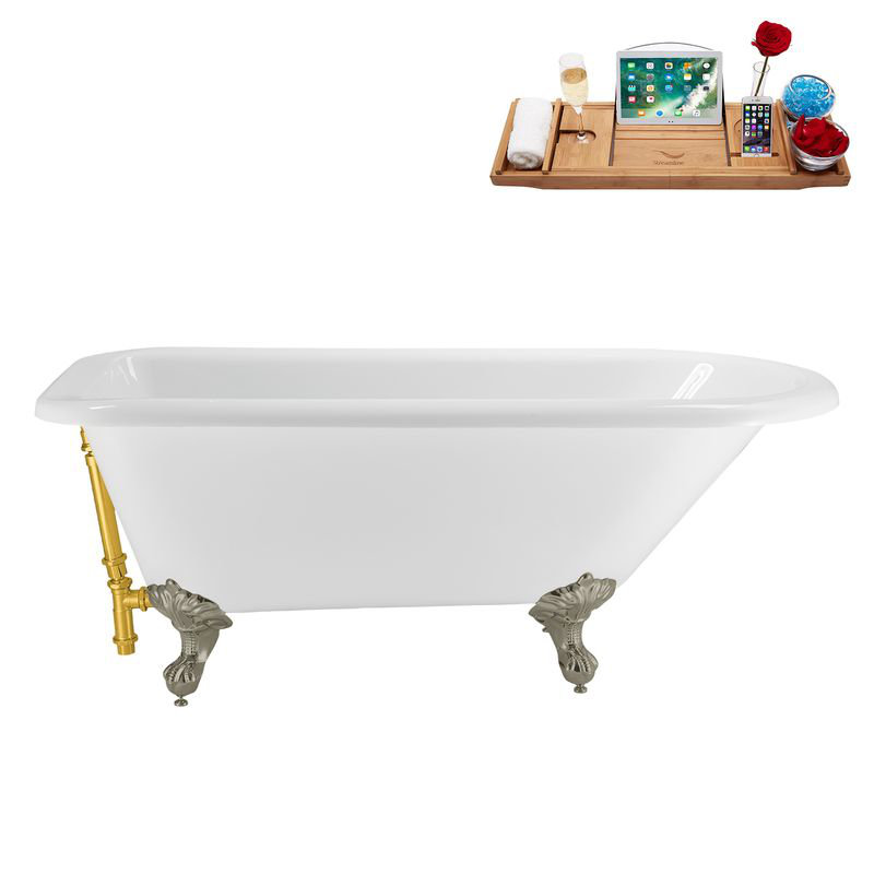 62" Streamline Clawfoot Tub,Tray,Drain, Clawfeet, Brushed Nickel, Polished Gold