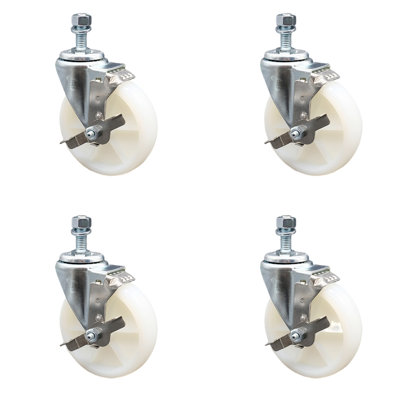 5 Inch SS Nylon Wheel Swivel 12mm Threaded Stem Caster Set Brake SCC