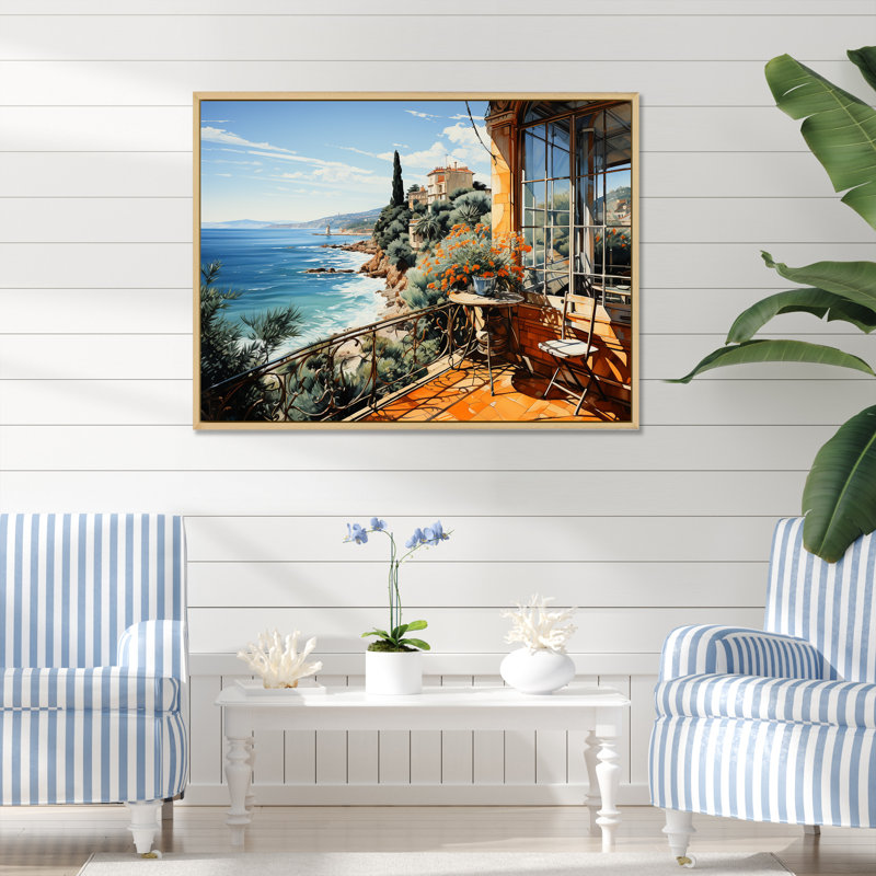 French Riviera Beach Reflections - Coastal Windows, art mural, Cadre flottant brun, H 16 po x l 32 po x P 1 po