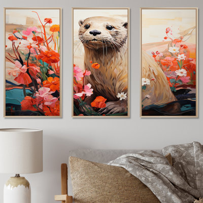 Playful Otter In Floral Blooms II - Otter Wall Art