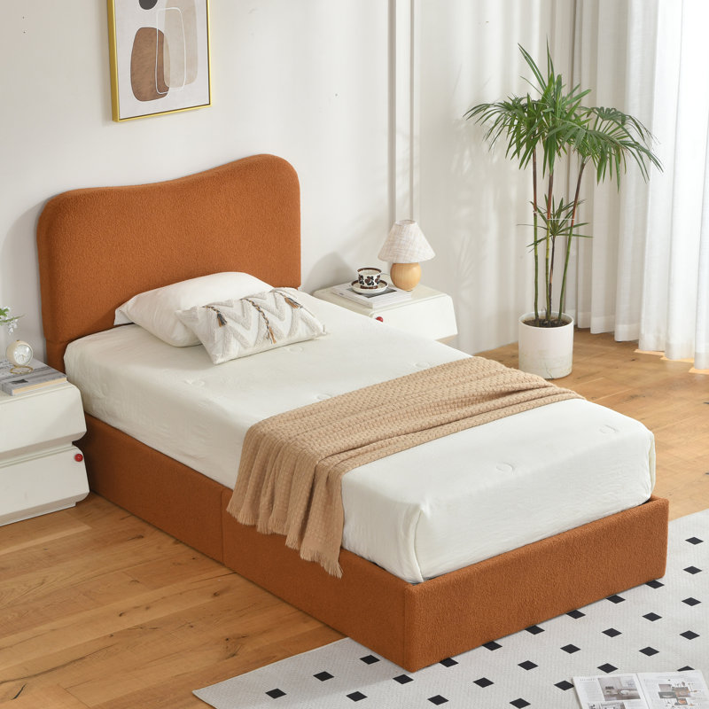 Lit plateforme tapissier Bensu Boucle, Simple, Brun