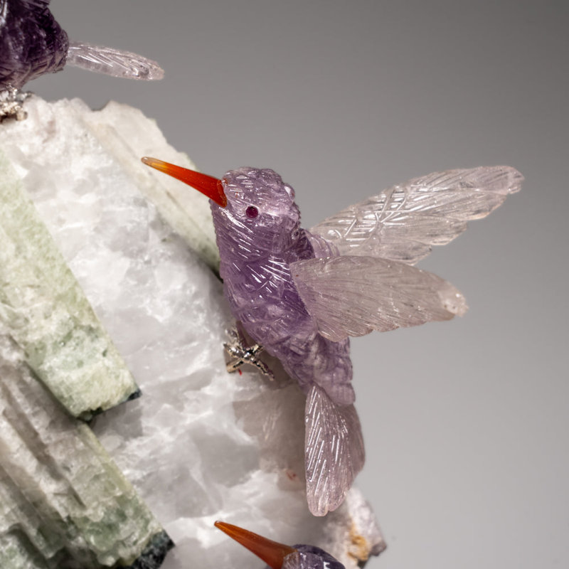 Genuine Hand Carved Fluorite Hummingbirds On A Tourmaline In Quartz Matrix (9"H)