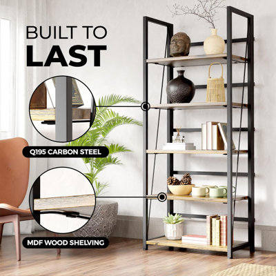 5 Tier Wood Book Shelf Organizer, No Assembly Bookshelf for Bedroom Living Room Office