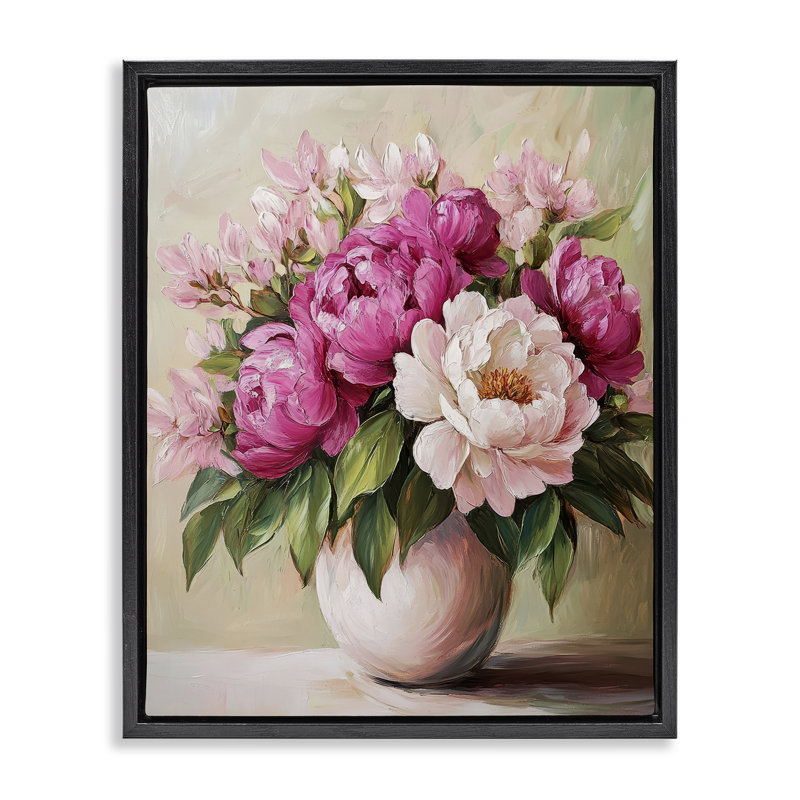 Cadre flottant vibrant à motif floral rose, design par Petal Prints Design, H 21 po x l 17 po, Cadre flottant noir de jais