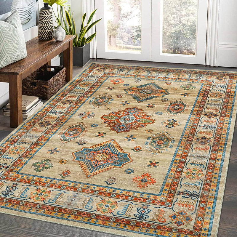 Tapis lavable antidérapant 8 x 10, tapis esthétique Boho pour le salon, la chambre à coucher, la salle à manger, le bureau, rouge