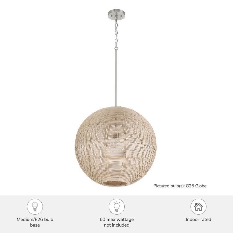 Large Brushed Nickel Globe Pendant Light with Rattan Shade