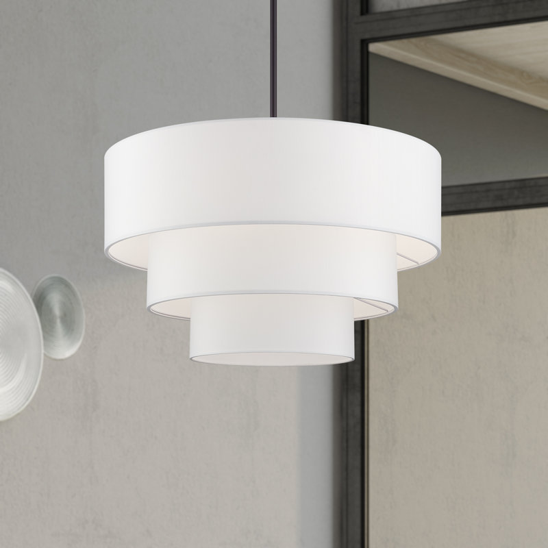 Lustre suspendu moyen en bronze 5 lumières avec abat-jour rigide en tissu blanc cassé fabriqué à la main, Bronze, 5