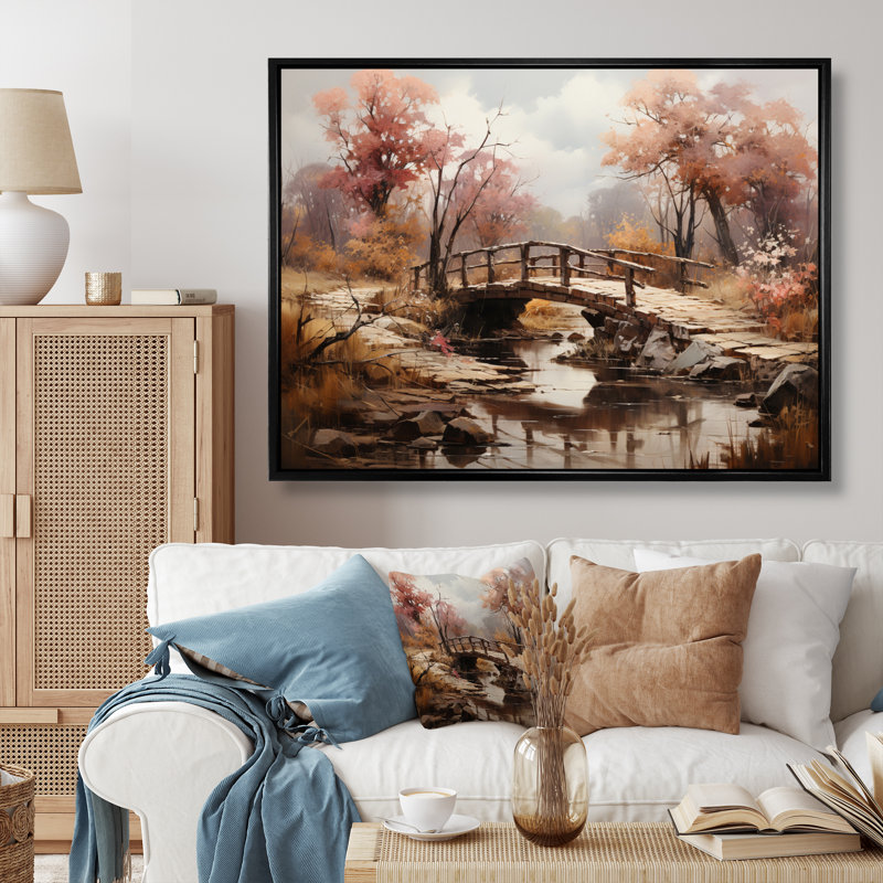 «Brown Bridge Rustic Charm An», art mural sur toile, Cadre flottant noir, H 30 po x l 40 po x P 1,5 po