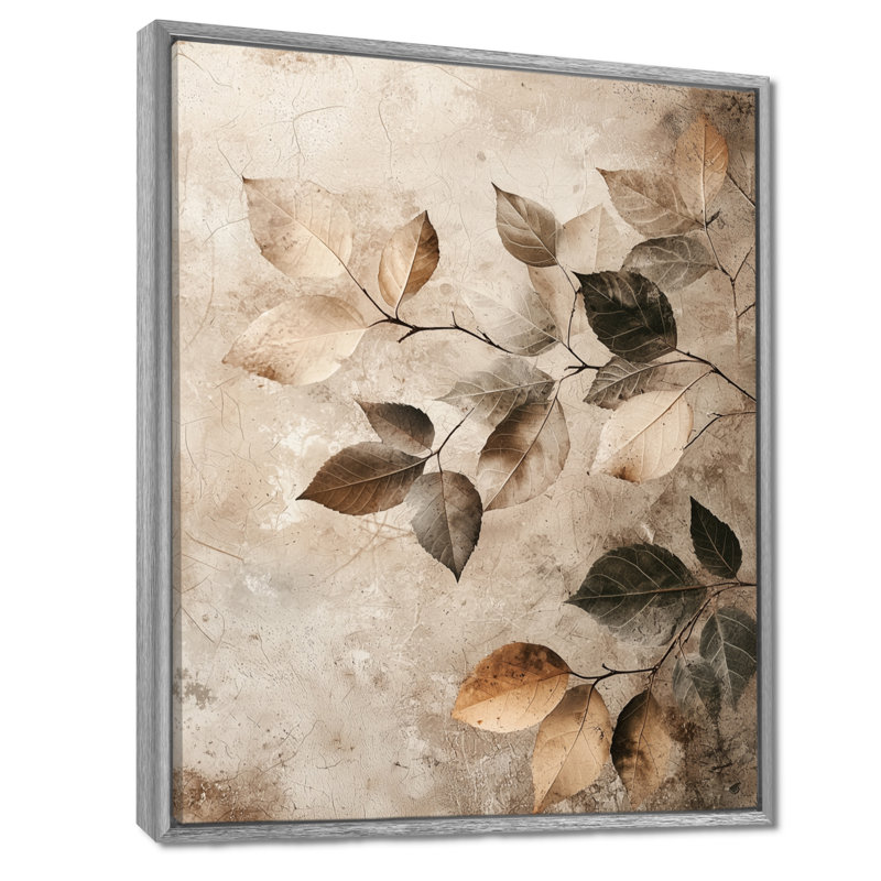 Taupe feuilles mosaïque collage IV - feuilles, art mural, Argent argent, Impression encadrée, H 32 po x l 16 po