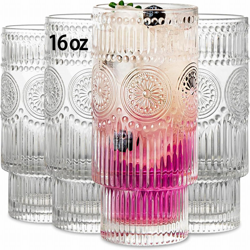 16oz Clear Ribbed Glass Cups with Floral Design, Set of 4