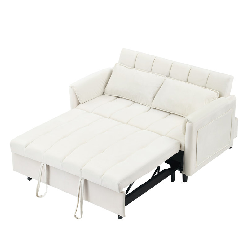 52" Modern Velvet Sofa Bed - 3-In-1 Convertible with Pillows & Side Pockets, Beige