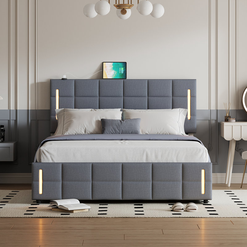 Lit plateforme avec rangement Nichlous, Gris, Grand lit