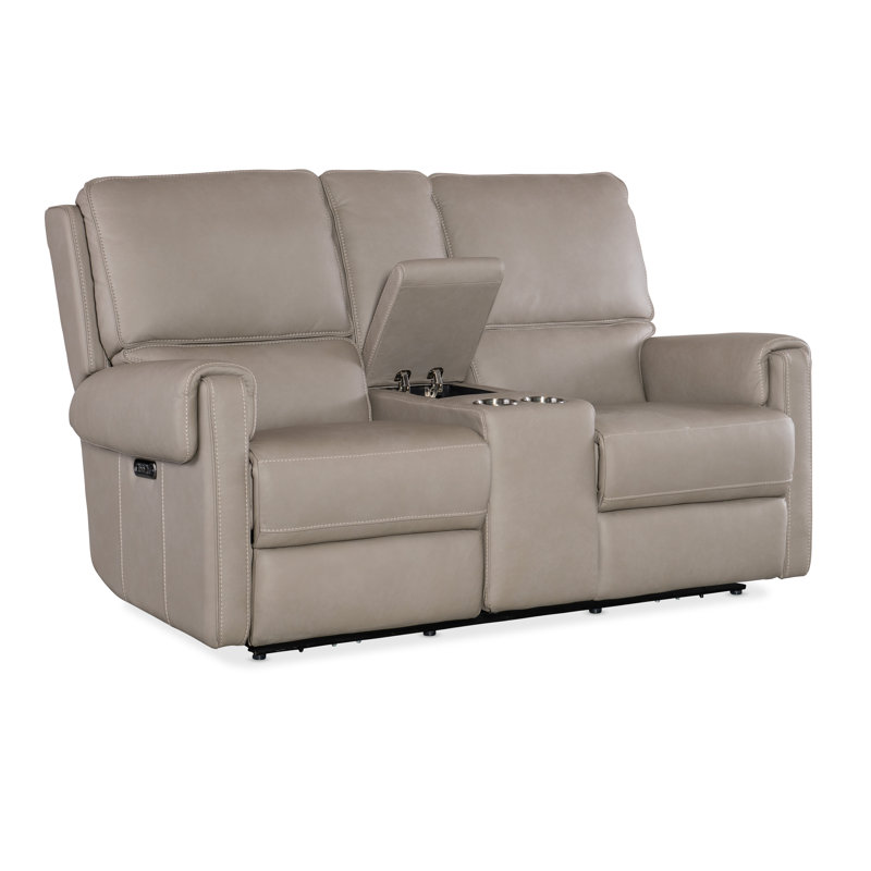 Somers Dark Taupe Leather Reclining Loveseat with Storage and Cup Holder