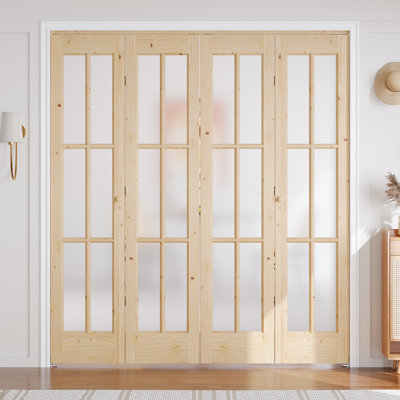 Unfinished Solid Wood Glass Bi-Fold Door With Installation Hardware Kit
