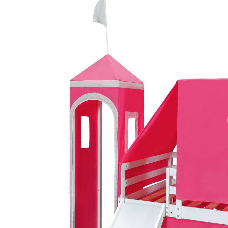 Lit simple mezzanine rose avec glissade, tente et structure de tour, apparence de clôture, trois positions pour les matériaux d'écriture de l'histoire, options d'installation, blocs de construction spacieux