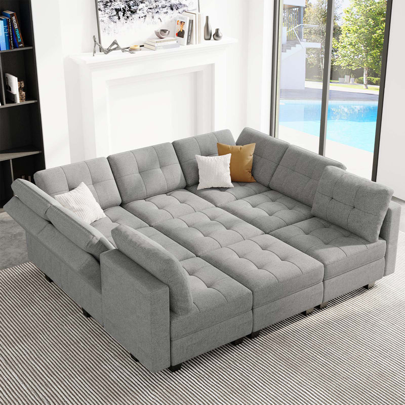 Canapé-lit modulaire 9 pièces Buckleton, Lin gris pâle