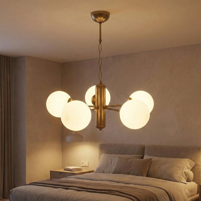 Lustre sphérique Spoutnik 5 lumières Solano, Doré, Porcelaine