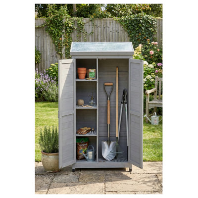 Banc de rempotage en bois de cèdre gris avec plateau en métal et armoire de rangement, organisateur de remise de jardin