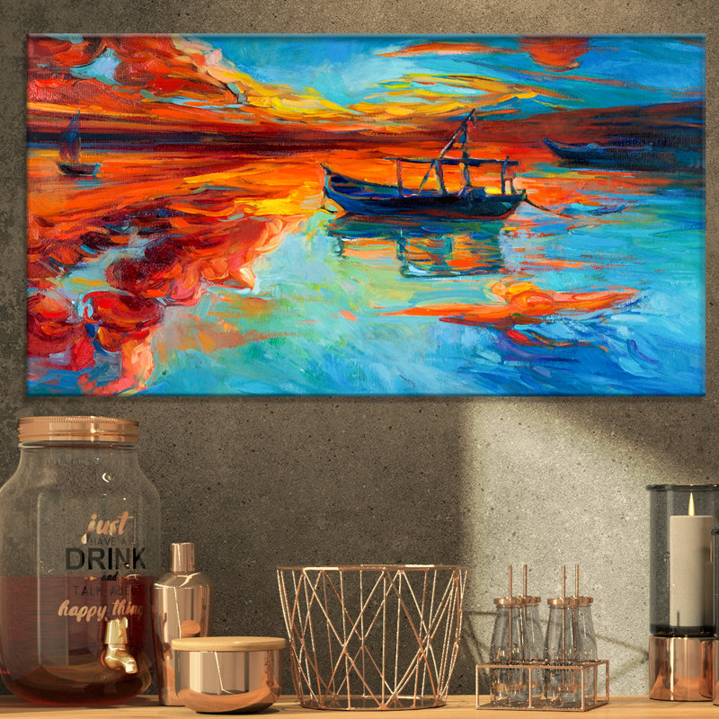Bateau de pêche au coucher du soleil - reproduction d'art, H 16 po x l 32 po x P 1 po, Toile tendue
