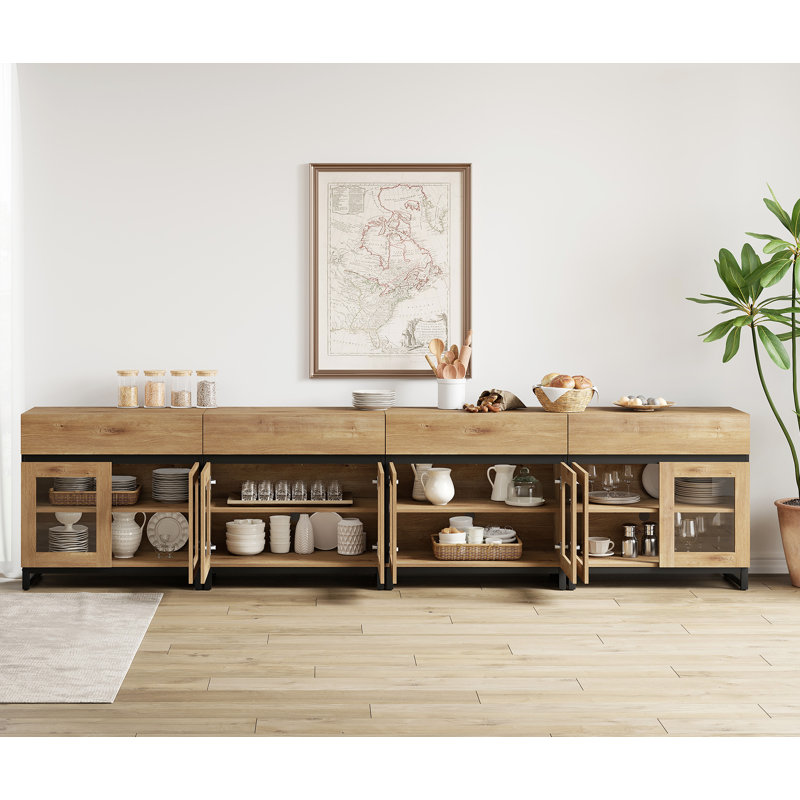 4 In 1 Multifunctional Sideboard Buffet Cabinets With 8 Glass Doors And 4 Drawers, Modern Sideboard Credenza With Metal Base, Coffee Bar Storage Cabinet For Living Room, Kitchen