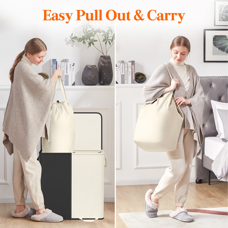 Double Laundry Hamper With Lid And Removable Laundry Bags, Large Collapsible 2 Dividers Dirty Clothes Basket With Handles For Bedroom, Laundry Room, Closet, Bathroom, College, White&black