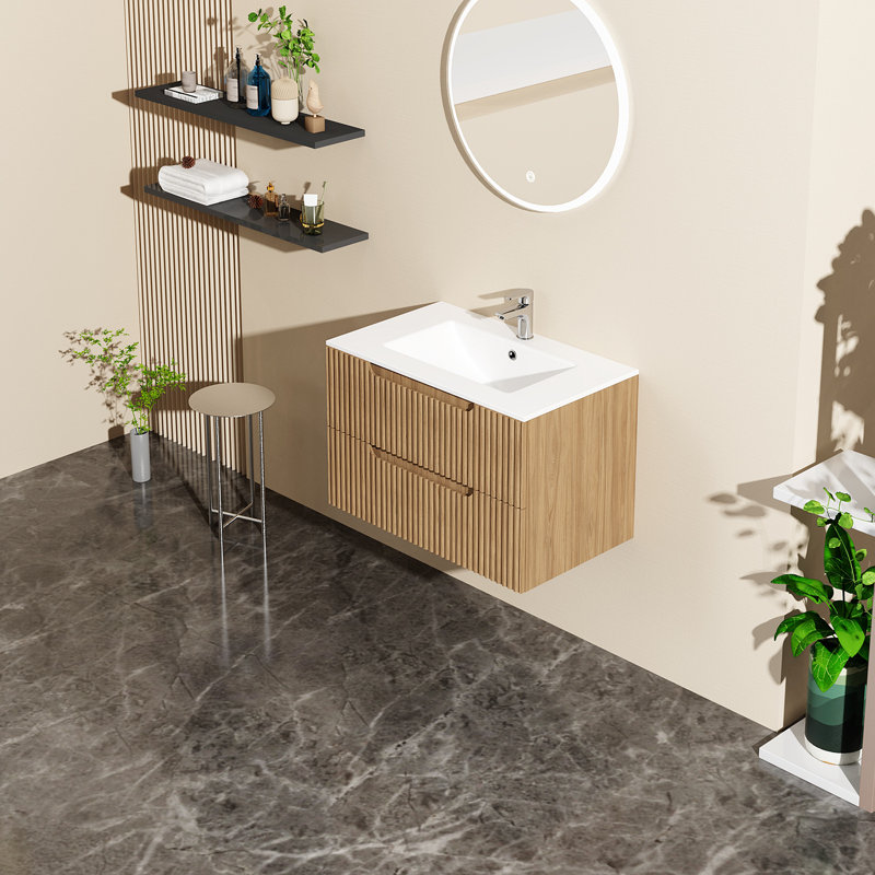 Ensemble de meuble-lavabo mural 30 po avec évier flottant, système de fermeture en douceur, 2 très grands tiroirs, noyer