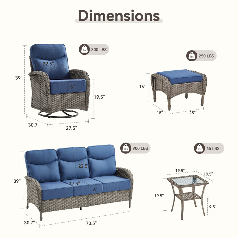 Ensemble de conversation avec coussins pivotants et repose-pieds 10 po pour patio en osier 10 pièces, Bleu
