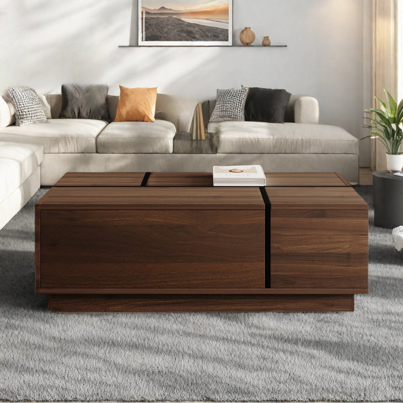 Rectangular Sliding Top Coffee Table With 2 Drawers And 2 Hidden Storage Compartments