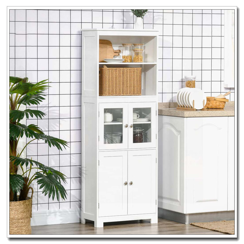Petit buffet de 63 po avec huche, garde-manger à 4 portes, armoire de rangement autoportante avec tablette réglable pour salle à manger, salon, blanc