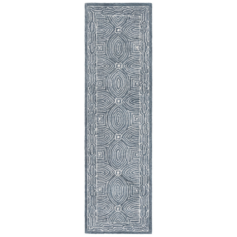 Micro-Loop 928 Hand Tufted Wool; Cotton Geometric Rug in Navy/Ivory, Runner 2'3" x 8'