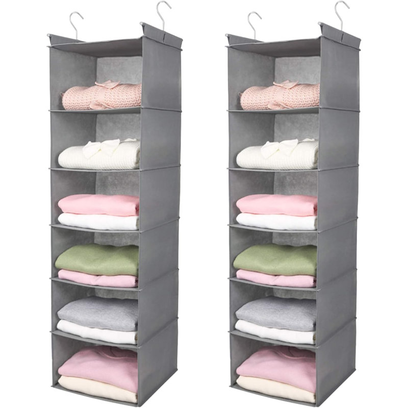6 Tier Shelf Hanging Closet Organizer, Closet Hanging Shelf With 2 Sturdy Hooks For Storage,2 Pack, Foldable, Grey