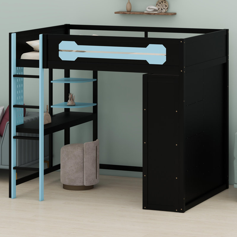 Space-Saving High Sleeper Featuring Workspace, Accessible Wardrobe Storage, and Dynamic LED Light Strips, Blue